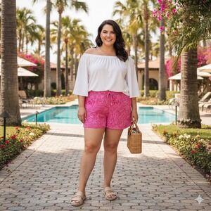 Stella Parker Collection Pink Tropical Print Drawstring Waist Shorts Women's XXL